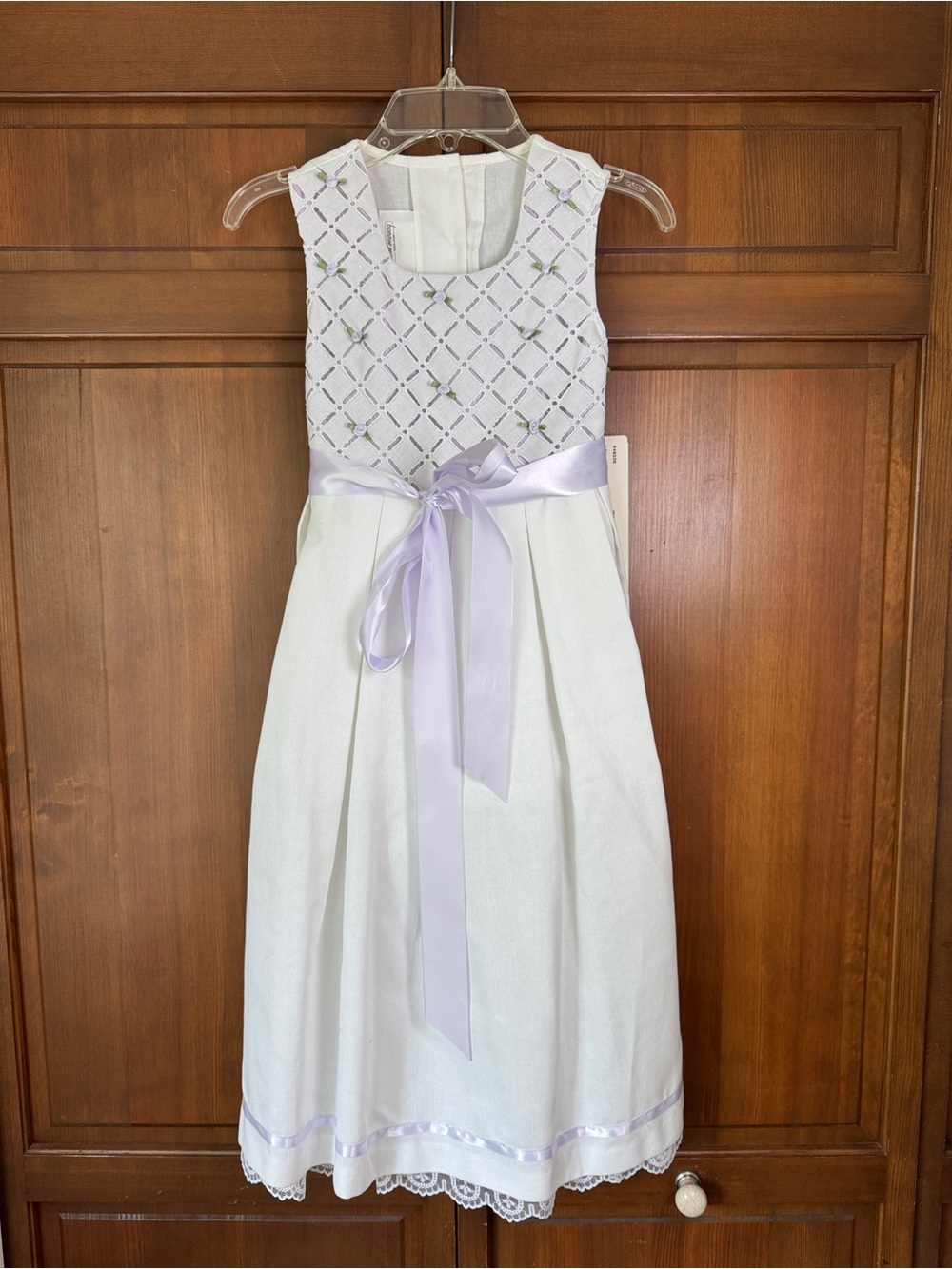 Bonnie Jean White Dress with Lilac Embroidered Bodice and Satin Bow